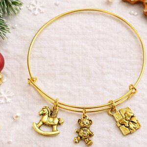 Gold Christmas Charm Bangle Bracelet Gift Rocking Horse Teddy Bear